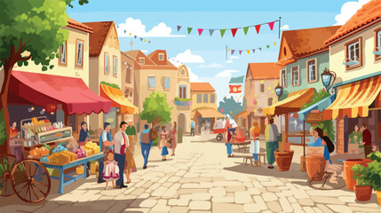 Charming village market bustling with vendors and s