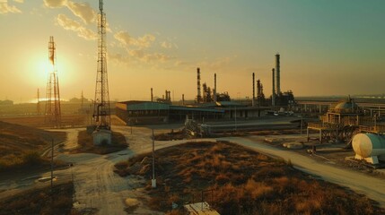 Sun setting over industrial oil refinery, suitable for environmental and energy concepts