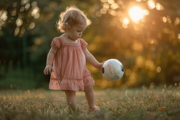 A little girl in a pink dress playing with a soccer ball. Suitable for sports and children's themes