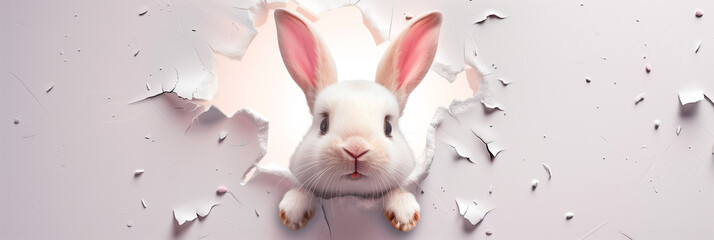 Bunny peeking from a hole in the wall, fluffy ears, Easter bunny banner, rabbit jumping from the torn hole.