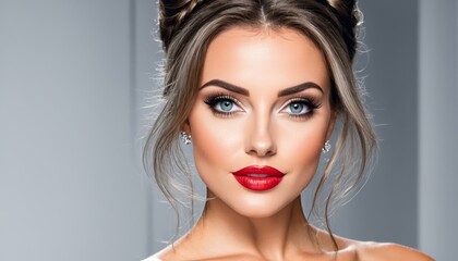   A woman dons a white dress, adorned with a red lip and a bow in her hair The vibrant red lipstick matches the bow accessory, enhancing her elegant appearance