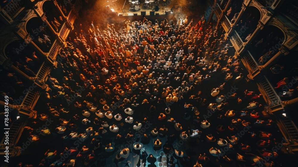 Poster A large crowd of people in a bustling indoor space. Perfect for illustrating busy events or gatherings