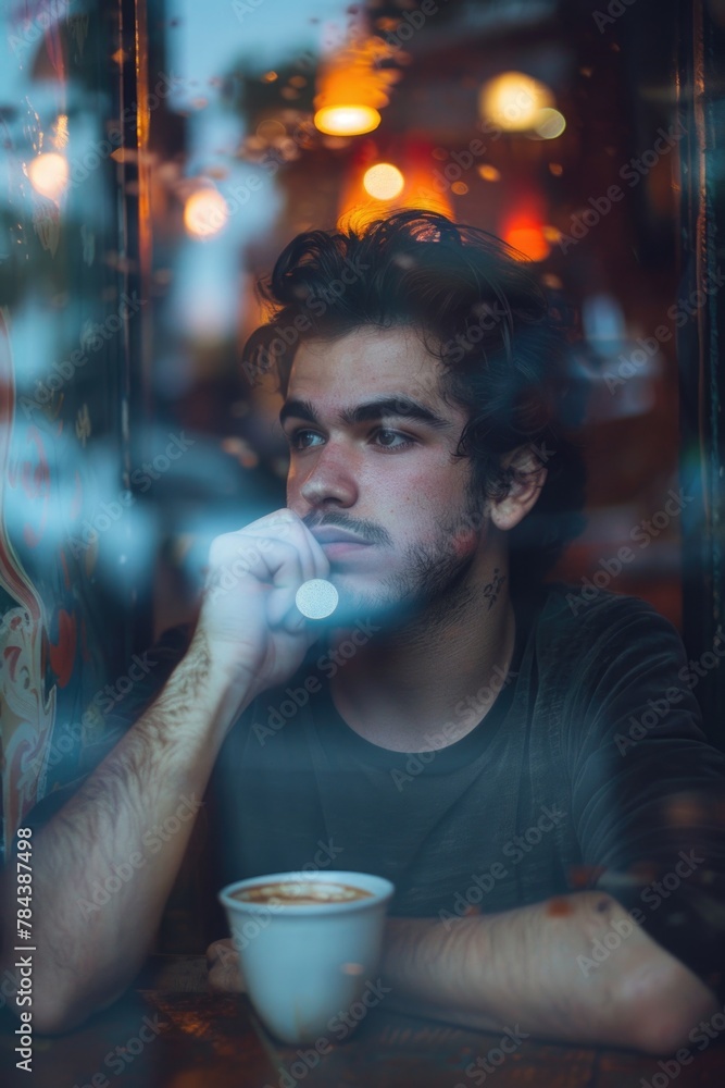 Poster a man sitting at a table with a cup of coffee. suitable for various lifestyle and business concepts