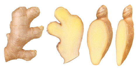 Fresh ginger rhizome, Half and slice isolated, transparent PNG, collection, PNG format, cut out,...