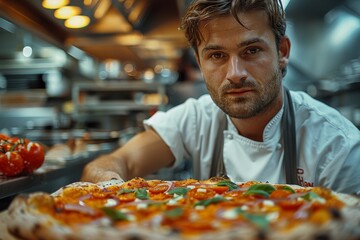 Confident young chef in a professional kitchen proudly presenting a freshly made pizza with vibrant ingredients