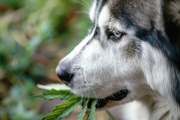 Close up of a dog holding a leaf in its mouth, suitable for pet or nature concepts