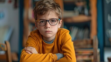 Obraz premium A young boy wearing glasses sitting at a table. Suitable for educational or lifestyle concepts