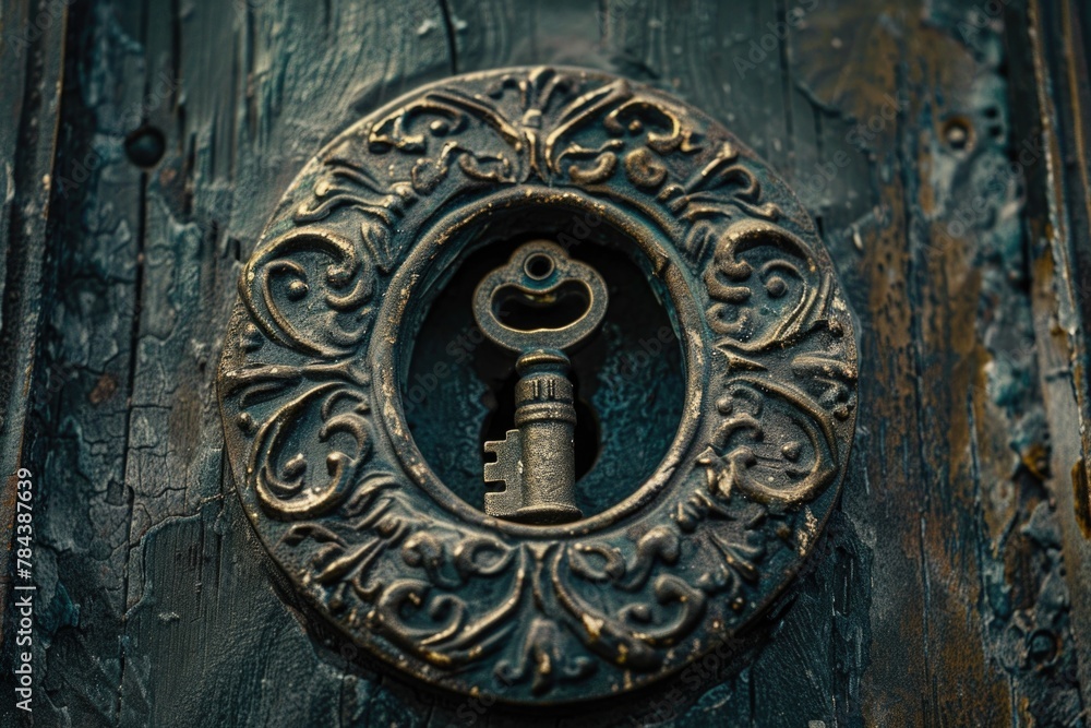 Poster a key placed in the center of a wooden door, suitable for various concepts and designs