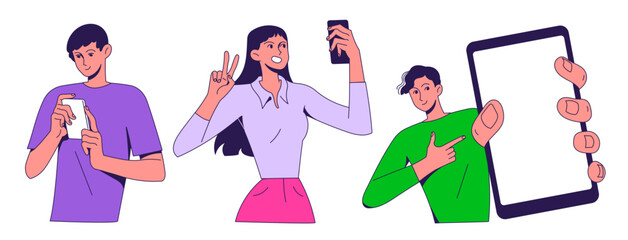 Young people with smartphones vector - 784387628