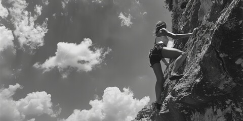 A woman climbing a mountain, suitable for outdoor and adventure concepts - obrazy, fototapety, plakaty