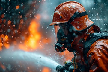 Naklejka premium A brave firefighter is actively spraying water to extinguish raging flames amid falling rain