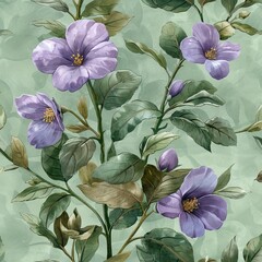 A seamless pattern with watercolor violets hand painted on a green background. - obrazy, fototapety, plakaty
