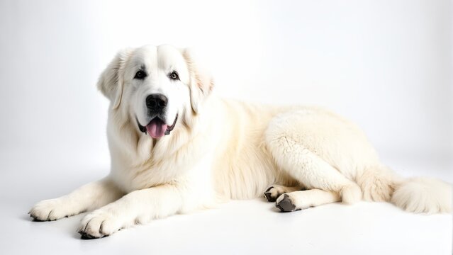   A large white dog lies on a pristine white floor, near a black-and-white photograph depicting a dog