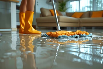 Vibrant yellow mop cleaning a flooded home interior, highlighting the importance of maintenance and cleanliness