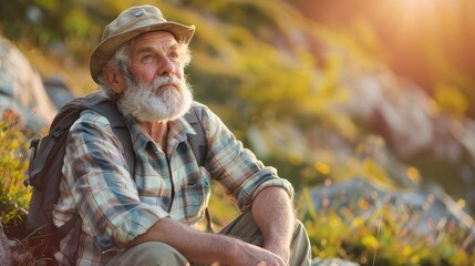 
An active senior man resting after hiking in the mountains. An elderly man contemplates enjoying nature.