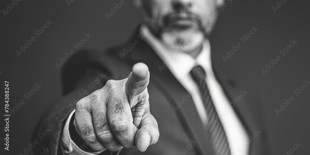 Poster a man in a suit and tie pointing at the camera. suitable for business concepts