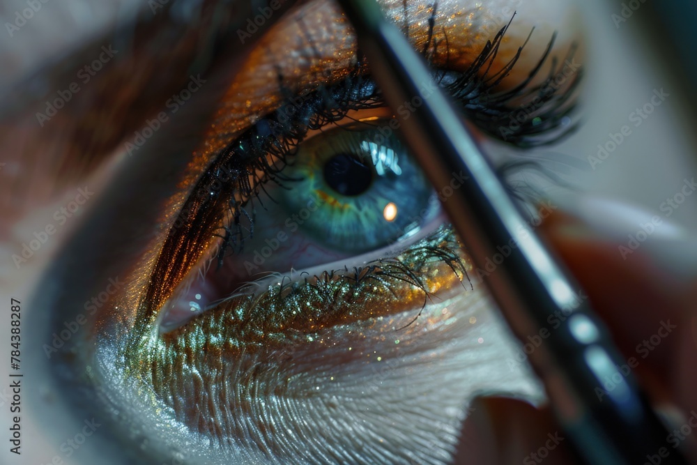 Poster close up of a person's eye with a pair of scissors. suitable for medical or optometry concepts