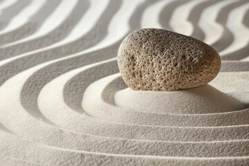 Zen garden with perfectly raked sand and a solitary rock