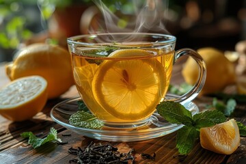 A warm, inviting cup of tea with a slice of lemon and fresh mint leaves, sitting on a wooden surface - Powered by Adobe