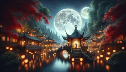 traditional Asian village at night under a full moon. The setting is serene with a calm lake