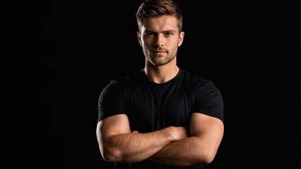   A man in a black shirt poses, arms crossed, delivering a serious gaze into the camera