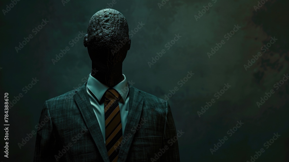 Poster a professional man in a suit and tie standing against a dark background. suitable for business and c