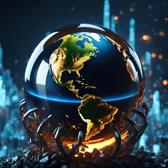 Crystal globe sphere illustration of a planet on the rocks. Concept alluding to the future of planet Earth due to the impact of Global Wgarming. Ecology. Generative AI