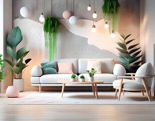 Illustration of modern interior background, living room in nordic style. Contemporary style.. Cosy living room interior decorated with pastel colors, plants and furniture, Generative AI