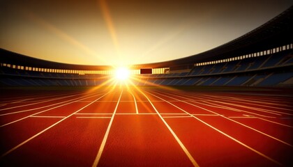 break of dawn at an athletic stadium. The running tracks bask in the golden glow