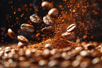 Close-up of coffee beans getting scattered with particles showing texture and richness of coffee