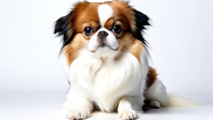   A small brown-and-white dog sits before a white backdrop, expressing a sad countenance