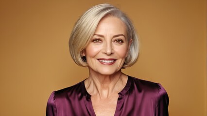   A close-up of a person in a purple shirt smiling for a photo