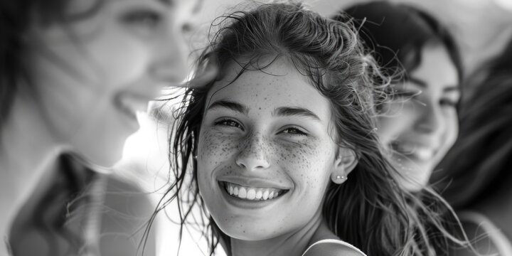 Close-up black and white photo of a woman with freckles. Suitable for beauty or skincare concepts