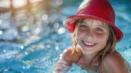 A young girl wearing a red hat in a pool. Suitable for summer-themed designs