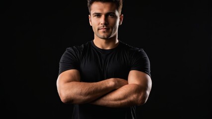 Fototapeta premium A man in a black shirt poses, arms crossed, delivering a serious gaze into the camera