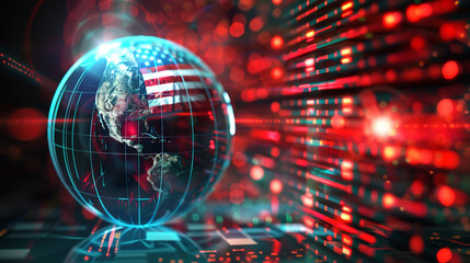 The digital world globe centered on the USA, the concept of a global network and connectivity on Earth, data transfer and cyber technology, information exchange, and international telecommunication - obrazy, fototapety, plakaty