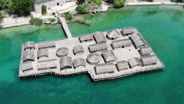 Ohrid Bay of Bones, prehistoric tribal fisherman village barracks ruins, Macedonia, aerial shot