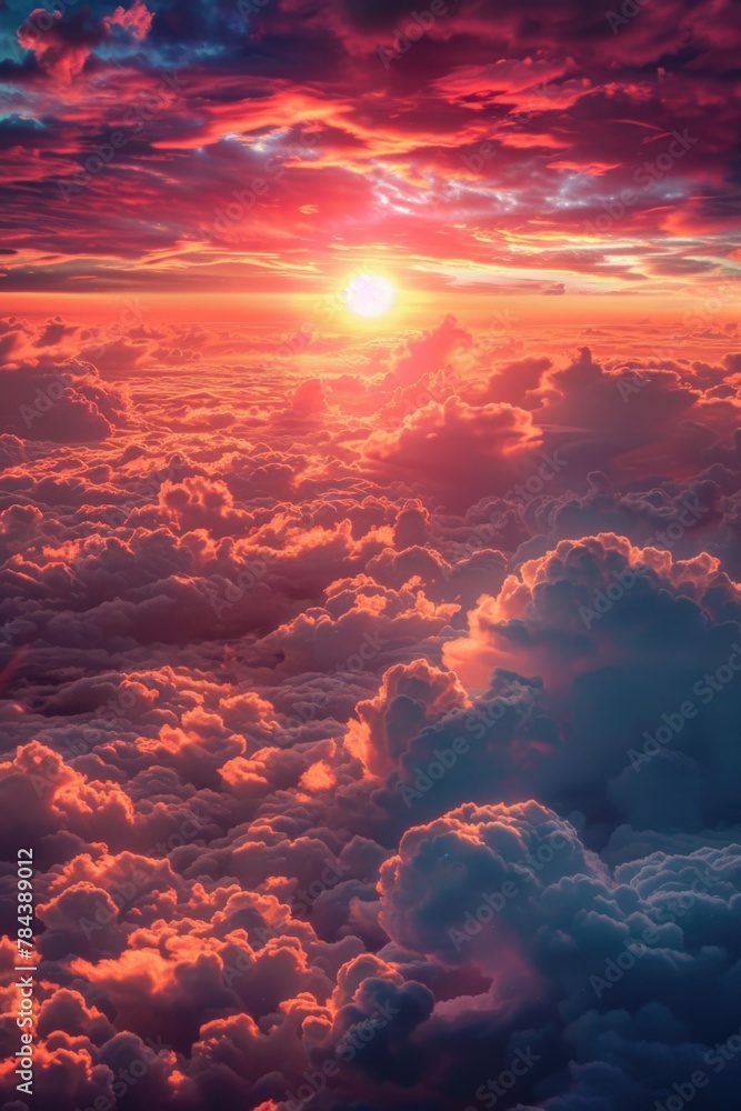 Poster a stunning view of the sun setting over fluffy clouds. perfect for nature and travel concepts