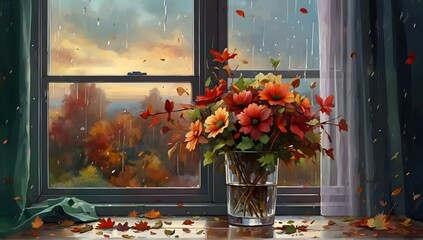 Flora, A bouquet of autumn flowers without a vase lie on a table near the window, small autumn leaves of red and green colors are falling outside the window, windy, rain on the glass, highly detailed  - obrazy, fototapety, plakaty