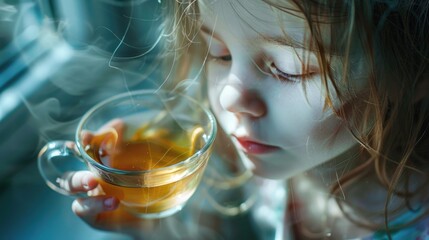 A little girl holding a cup of tea. Perfect for cozy and warm concept