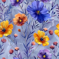 On a lilac background, a seamless pattern with multicolored watercolor flowers is hand painted
