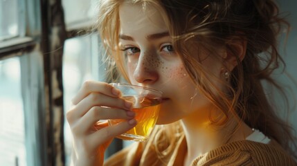 Woman enjoying a cup of tea by a window, suitable for cozy home atmosphere concepts