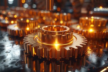 A close-up image showcasing golden-lit gears against a darker backdrop, symbolizing industrial machinery and mechanical concepts