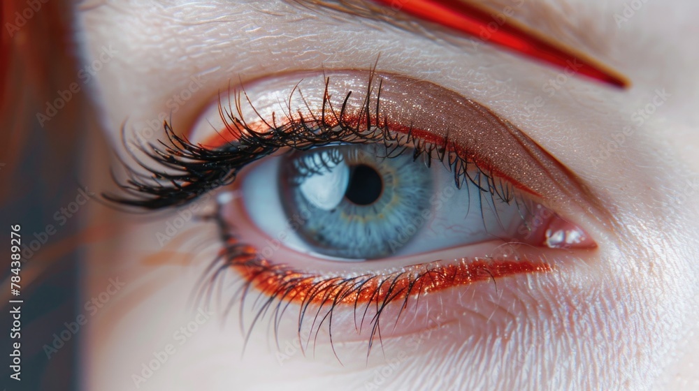 Poster close-up shot of a person's eye with red eyeliners. suitable for makeup tutorials