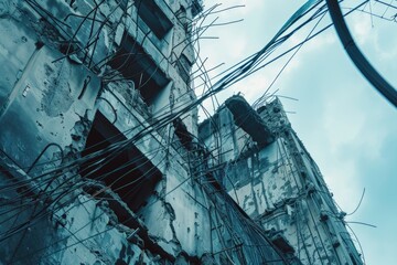 An old building with a bunch of wires in front of it. Suitable for urban or industrial concepts