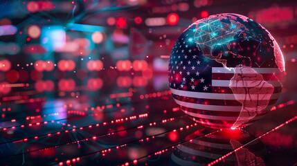 The digital world globe centered on the USA, the concept of a global network and connectivity on Earth, data transfer and cyber technology, information exchange, and international telecommunication