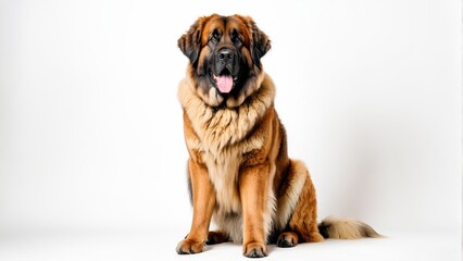   A large brown and black dog with tongues out and hanging, sits before a white backdrop - obrazy, fototapety, plakaty