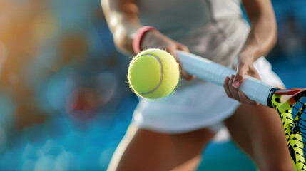 close view of a Tennis woman player hitting a forehand shot - obrazy, fototapety, plakaty