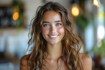 Obraz premium Attractive young woman with mesmerizing smile and wavy hair in a cafe setting