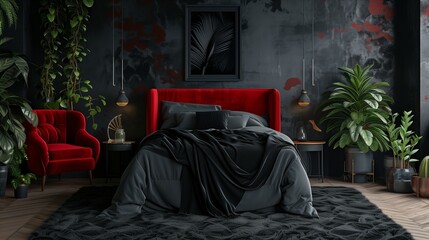Armchair next to red bed with black blanket in bedroom interior with carpet and plants